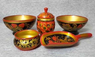 Bs009 vintage russian hand painted laquered wood bowls scoop, jar