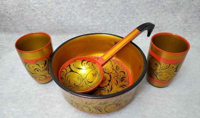 Bs002 vintage russian hand painted lacquered wood bowl ladle, cups
