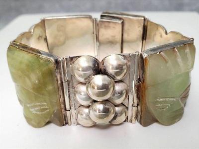 Mb078 vintage mexican silver carved maybe jade 7inch bracelet