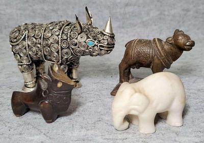 Mb095 metal and stone animal figurines rhino elephant, bull, cow