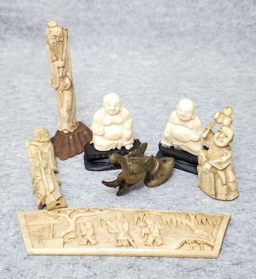 Mb117 asian figurines carved bone, brass dragon, buddhas