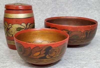 Bs011 vintage russian hand painted laquered wood bowls jar