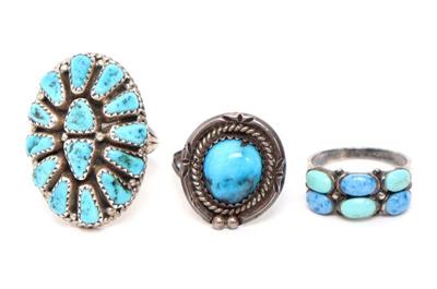 Lot 126 native american turquoise silver rings, 3 pieces
