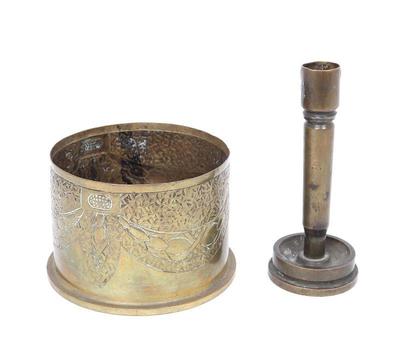 Lot 49 trench art shell and candlestick