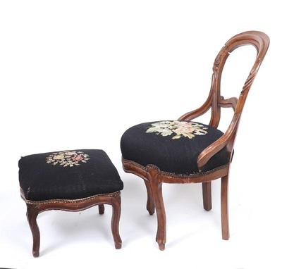 Lot 517 pair vintage needlepoint chair and footstool