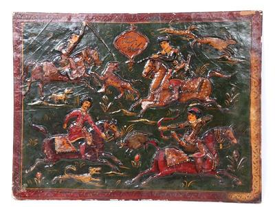 Lot 254 persian royal hunt) lacquer on board, qajar era 1789 1925
