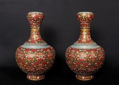 Lot 354 fine pair of red chinese raised cloisonne vases