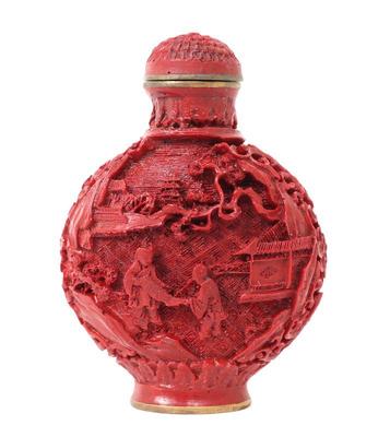 Lot 281 cinnabar style chinese snuff bottle monks trading