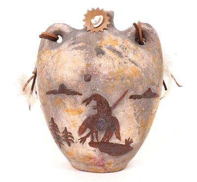 Lot 451 early native american zuni fetish pot horse & cowboy