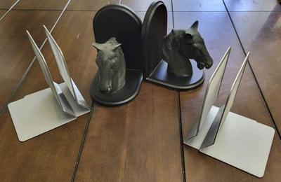 Metal and wood horsehead bookends plus