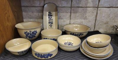 Pfaltzgraff folk art blue stoneware serving pieces