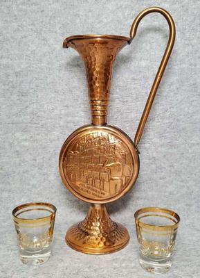 Md004 judaica copper wailing wall pitcher and shot glasses