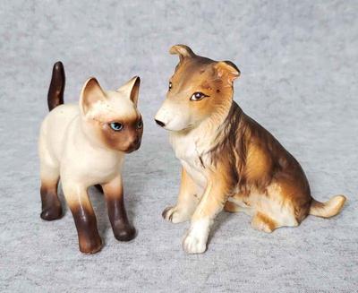 Md037 furry friends vintage porcelain siamese cat and collie dog