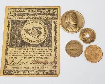 Dc019 colonial 8 bank note, hancock coin, asian coins