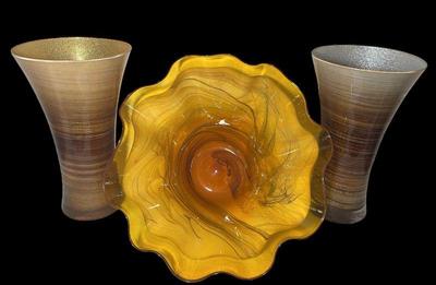 Large Wavy Yellow Art Glass Bowl Decor * Tall Hand Decorated Italy Vases
