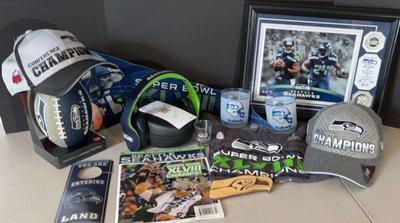 Seattle Seahawks Memorabilia * 2 New Hats, T-shirt, 2 Vintage Drinking Glasses, Limited Edition
