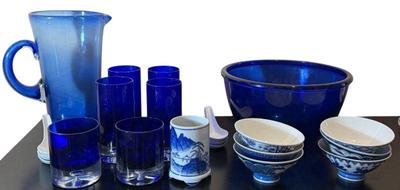 Blue & White Porcelain Lot * Glasses * Bowls * 10 Inch Blue Vase
