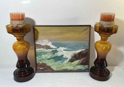 Original Ocean Waves Painting * Tall Glass Candle Holders * Pumpkin Candles

