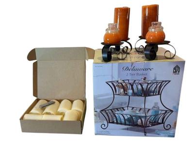 Wrought Iron 2 Tier Basket * 7 Flameless Candles * Candle Holders * Gorgeous Orange Candles
