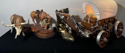 Cowboy Collection * Intricate Covered Wagon Lamp * Man & Horse Decor * Brass Boot * Steer/Ox
