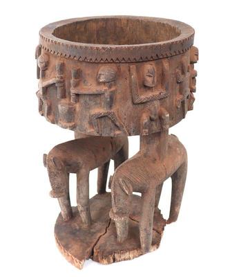 Lot 185 elaborate african wood carved beating drums ritual vessel