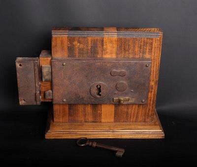 Lot 239 19th c large antique mounted lock & key set