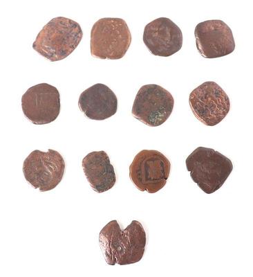Lot 76 collection of 13 shipwreck copper cob' coins, early 1600s