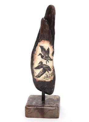 Lot 157 carved polished fossilized wood w ducks signed