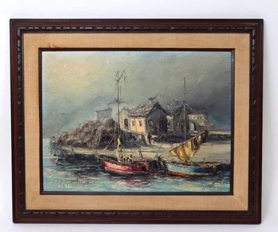 Lot 217 vintage painting boats along a harbor