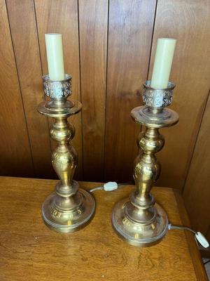 Pair Of Brass Candlestick Electrified Lamps