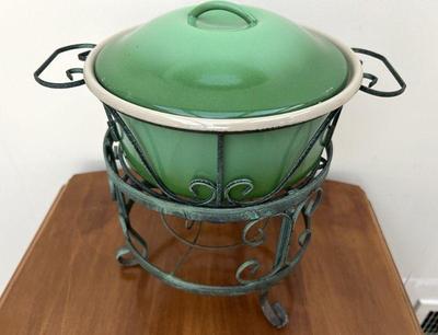 Green Enameled Metal Lidded Chafing Dish