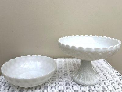 Fenton Daisy & Buttons Milk Glass Compote Dish & Anchor Hocking Milk Glass Bubble Bowl