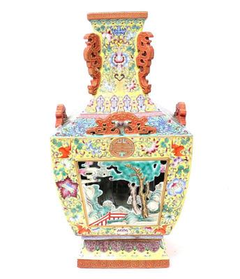 Lot 500 gorgeous chinese famille jaune reticulated vase