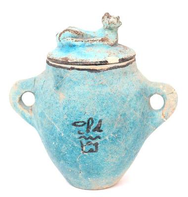 Lot 247 egyptian faience vase with gazela lid