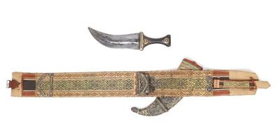 Lot 49 inscribed jambiya dagger w ornamented belt early 20th c.