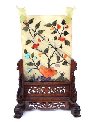 Lot 507 lovely chinese green stone panel screen with gold fish