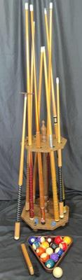 Pool Cues, Balls, Rack, Stand, Brush & More * 8 Sticks & 1 Bridge

