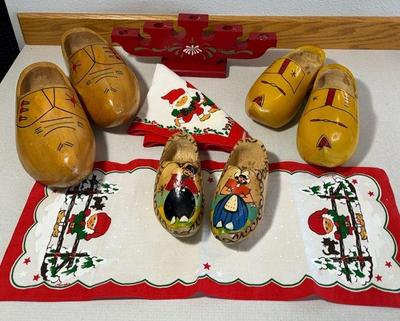Wooden Shoes * Candelabra * Vintage Christmas Runner & Napkin
