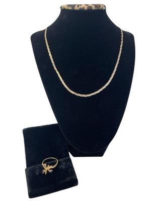 14K Italy White/Yellow Gold Braided Necklace Chain * 14K Ring Missing Gem
