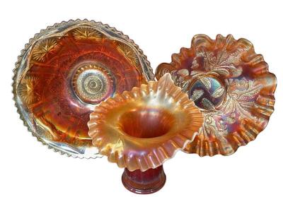 Orange Colored Carnival Glass Pieces * Bowls * Fluted Vase
