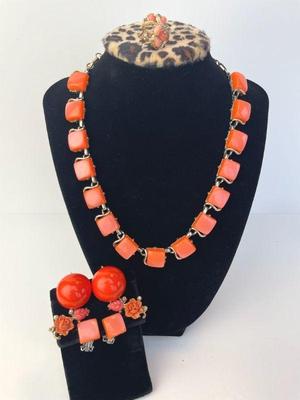 Vintage Coral Color Necklace * Earrings Set * Costume Ring
