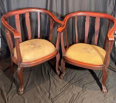 2 Antique Sitting Barrel Chairs * Needle Point Seats
