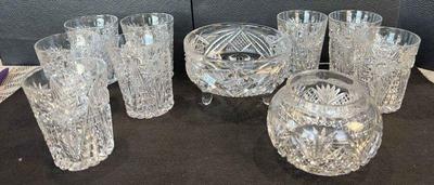 Cut Crystal * Footed Bowl * Round Vase * 8 Water Glasses
