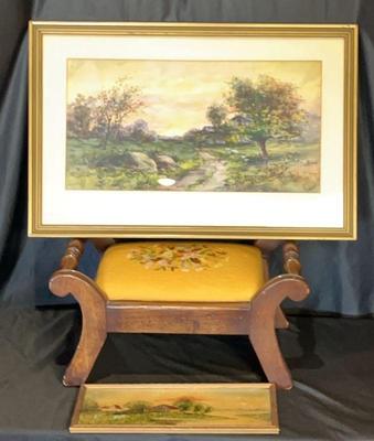 Antique Needlepoint Stool & 2 Vintage Framed Prints
