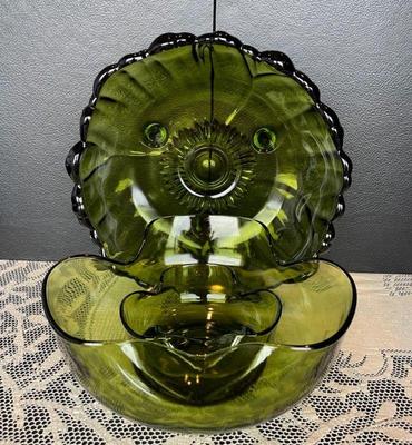 Vintage Green Curved Glass Bowl Set * Heavy Green Glass Footed Bowl

