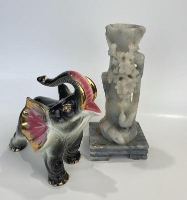 Mid Century West Pac Japan Porcelain Elephant * Alabaster Floral Table Decor
