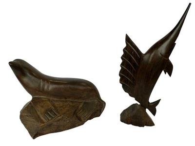 IronWood Wood Carvings * Large Seal On A Rock 12x9x8” * Jumping Swordfish 14x6”
