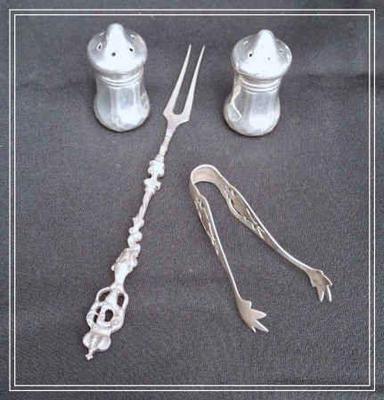 Sterling Silver Salt & Pepper Set * Sterling Silver Hors D' Oeuvre Fork * Sterling Silver Ice Tongs
