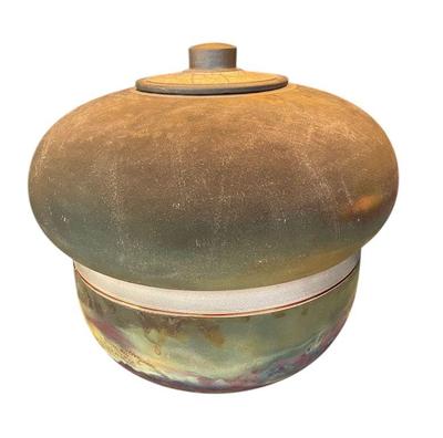 Handmade Signed Raku Lidded Pottery Vessel * Copper Wire Detail
