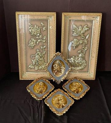 Sale Photo Thumbnail #112: Mid Century Gold Tone Framed Roses and Ladies Pictures * Ardco Ceramic Angels Wall Art
